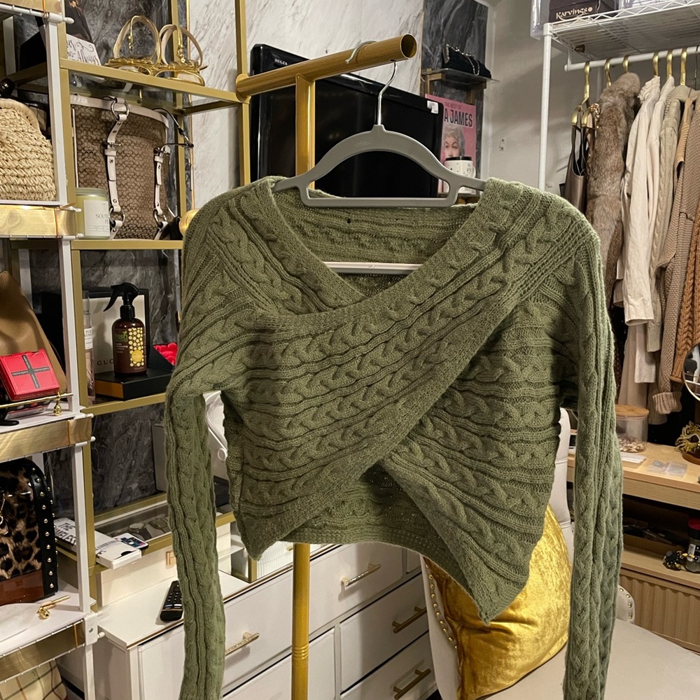 Olive Green Cable Knit Sweater Fit is Medium with layers Worn very little